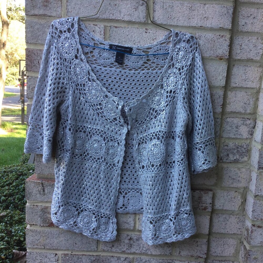 INC Shining Silver Crochet Cardigan Top